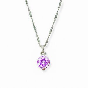 Purple Cubic Zirconia Pendant Necklace Round Faceted CZ Stone Silver Tone